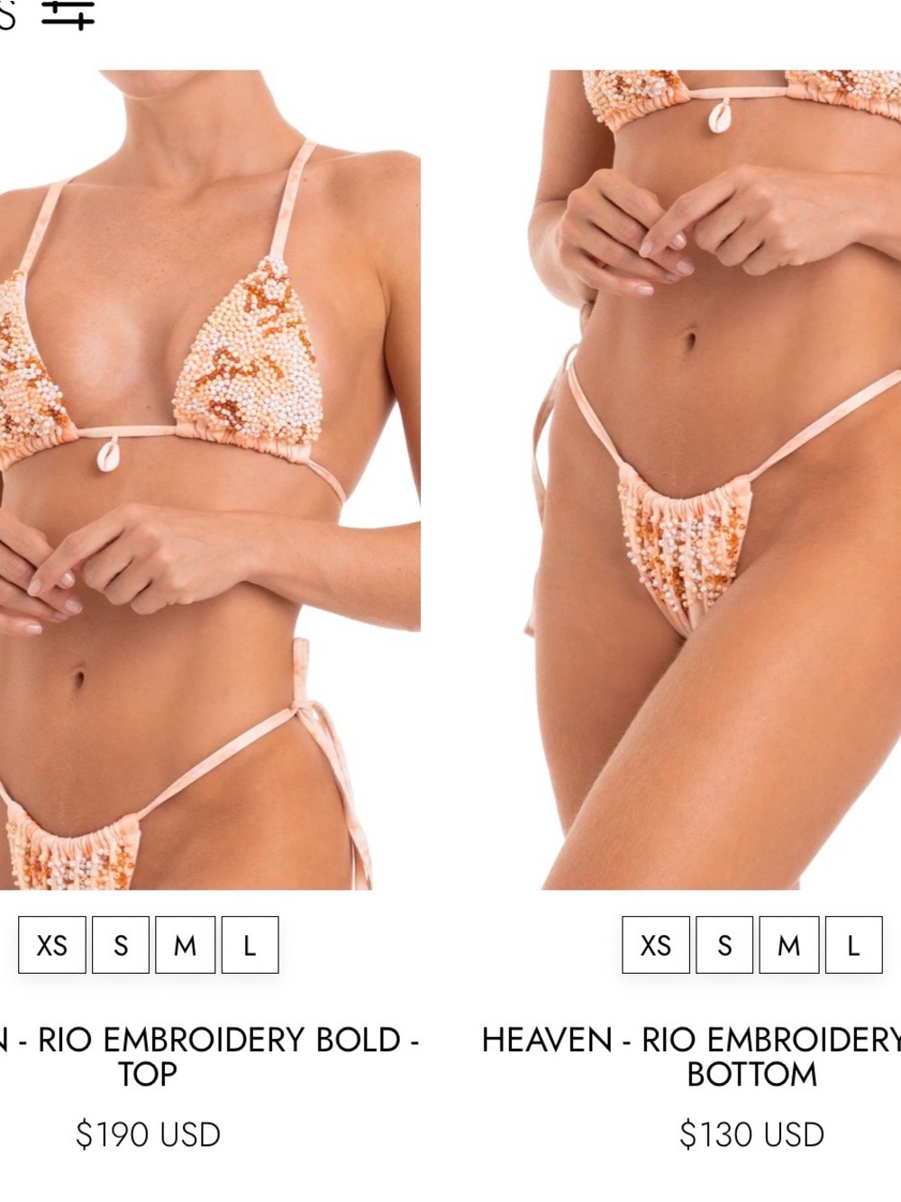 Rio Embroidery Bold Bikini Set - Peach Beaded Triangle Top & Tie Bottom
